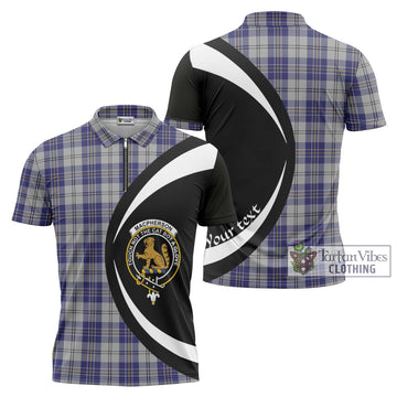 MacPherson Dress Blue Tartan Zipper Polo Shirt with Family Crest Circle Style