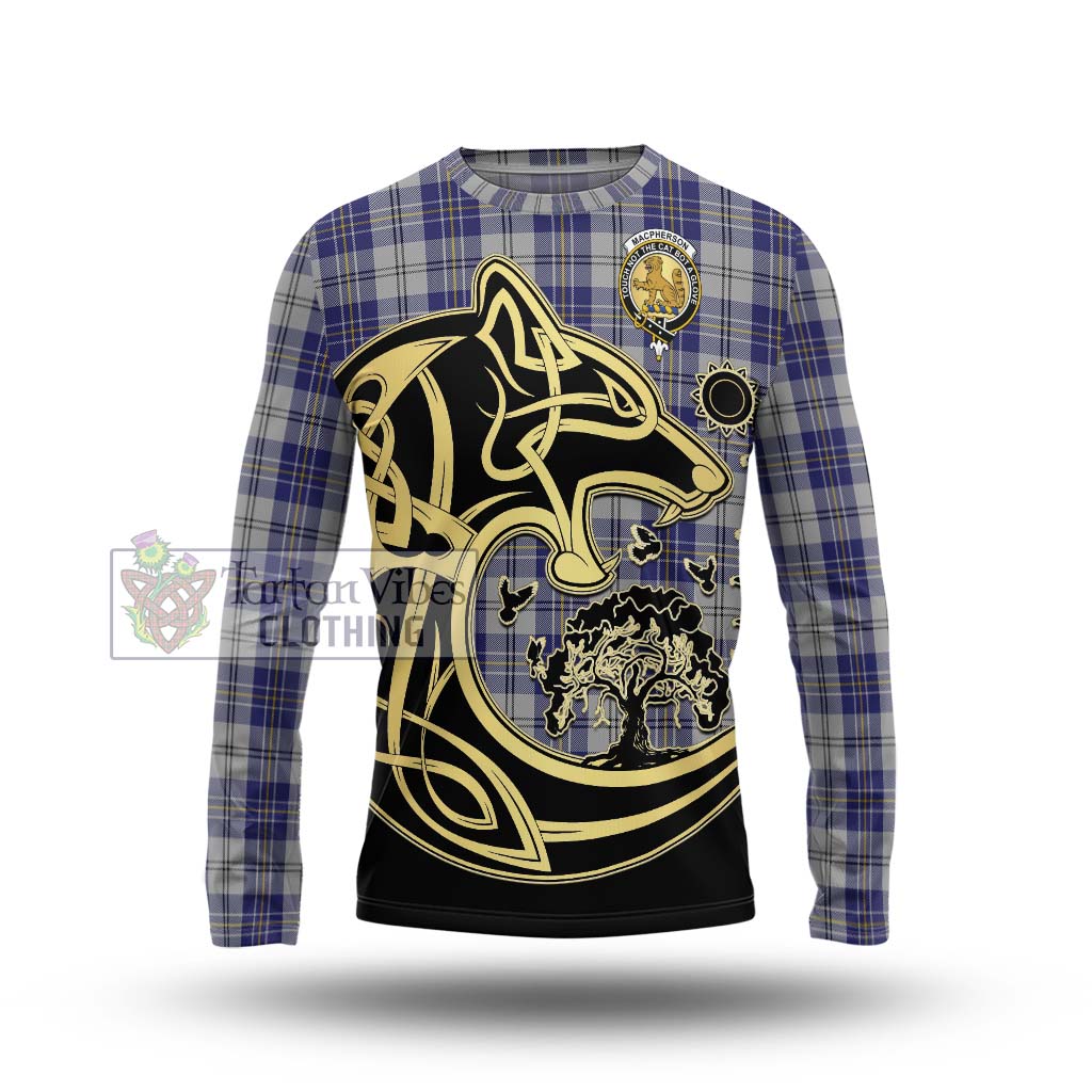 Tartan Vibes Clothing MacPherson Dress Blue Tartan Long Sleeve T-Shirt with Family Crest Celtic Wolf Style