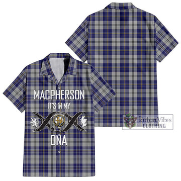 MacPherson Dress Blue Tartan Short Sleeve Button Shirt with Family Crest DNA In Me Style