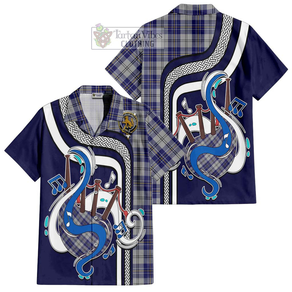 MacPherson Dress Blue Tartan Short Sleeve Button Shirt with Epic Bagpipe Style Kid - Tartanvibesclothing Shop