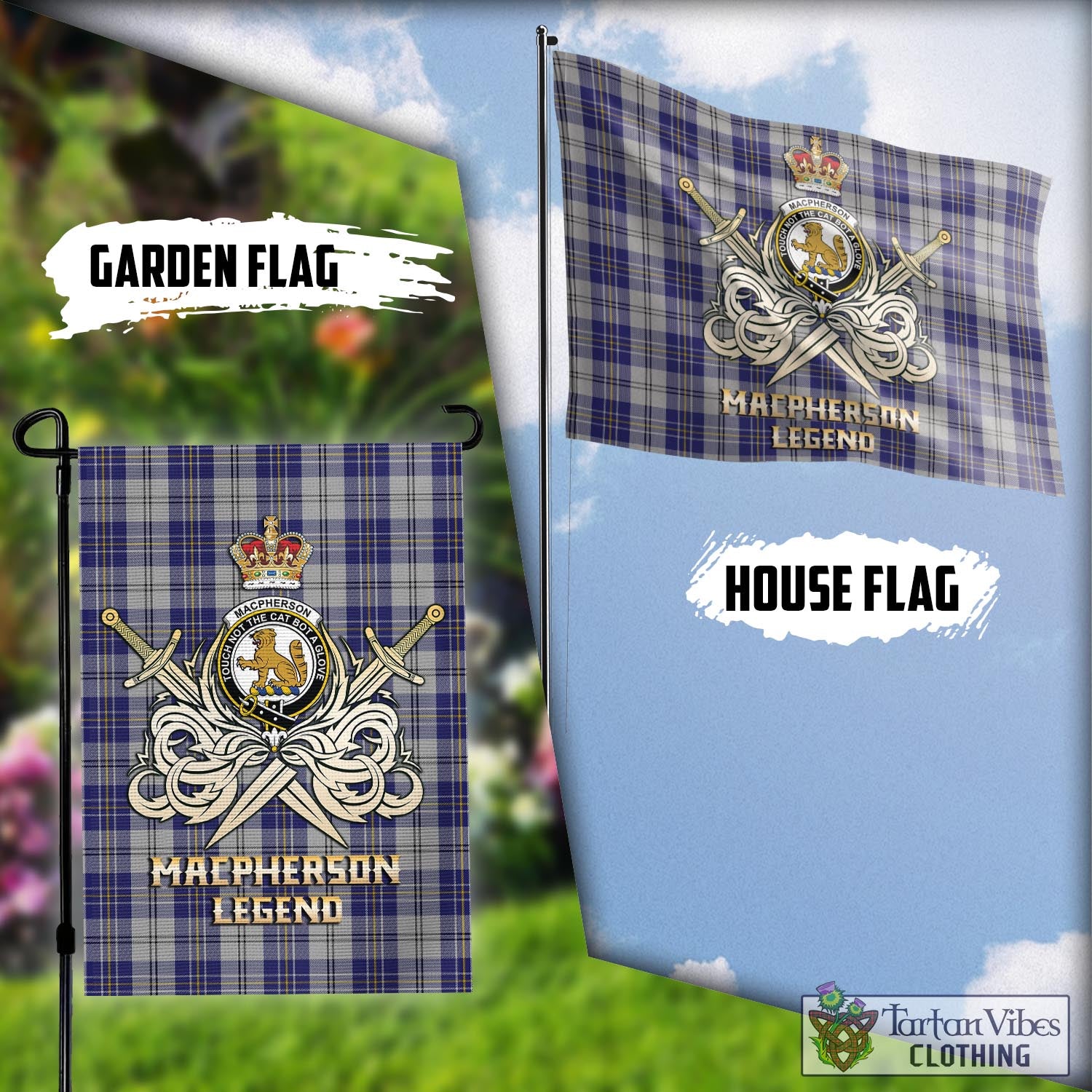 Tartan Vibes Clothing MacPherson Dress Blue Tartan Flag with Clan Crest and the Golden Sword of Courageous Legacy