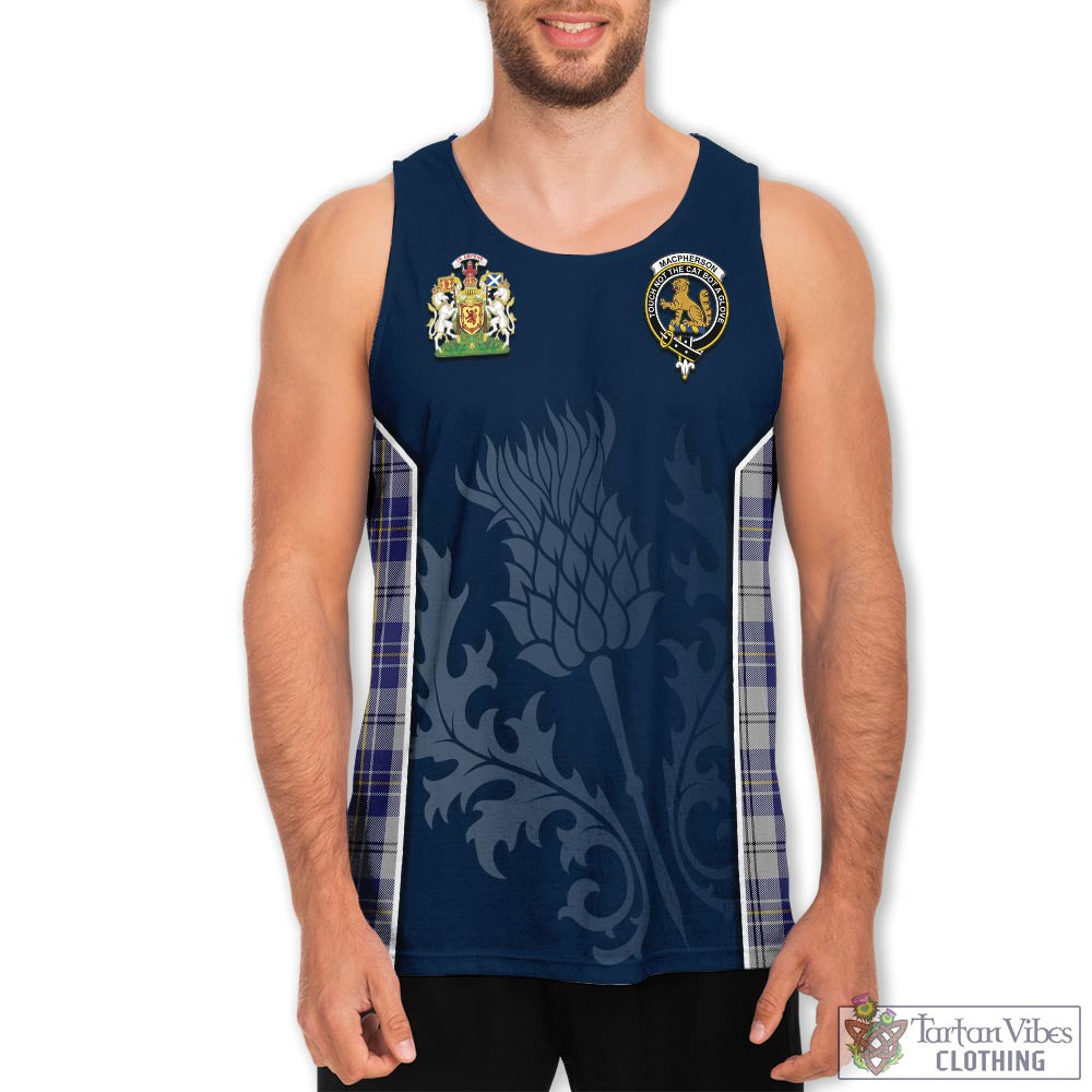 Tartan Vibes Clothing MacPherson Dress Blue Tartan Men's Tanks Top with Family Crest and Scottish Thistle Vibes Sport Style