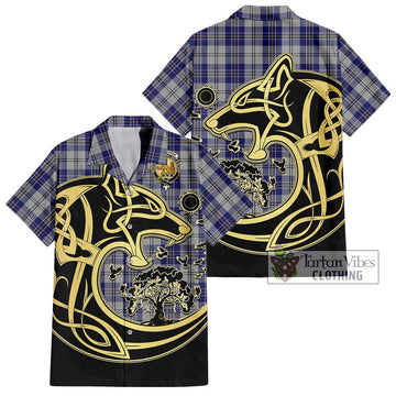 MacPherson Dress Blue Tartan Short Sleeve Button Shirt with Family Crest Celtic Wolf Style