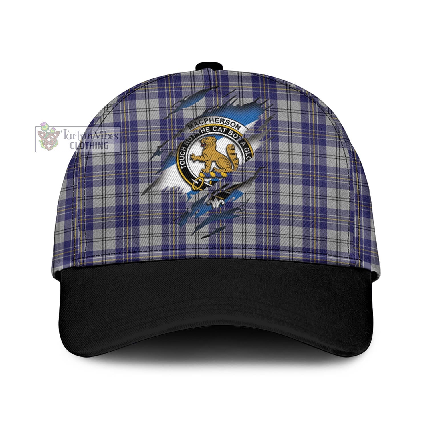 Tartan Vibes Clothing MacPherson Dress Blue Tartan Classic Cap with Family Crest In Me Style