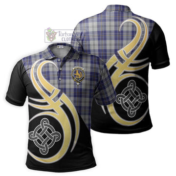 MacPherson Dress Blue Tartan Polo Shirt with Family Crest and Celtic Symbol Style