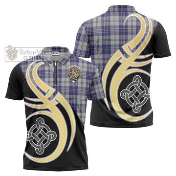 MacPherson Dress Blue Tartan Zipper Polo Shirt with Family Crest and Celtic Symbol Style