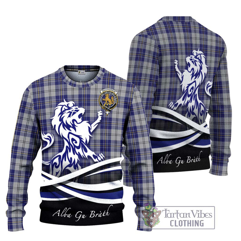 MacPherson Dress Blue Tartan Knitted Sweater with Alba Gu Brath Regal Lion Emblem Unisex - Tartanvibesclothing Shop