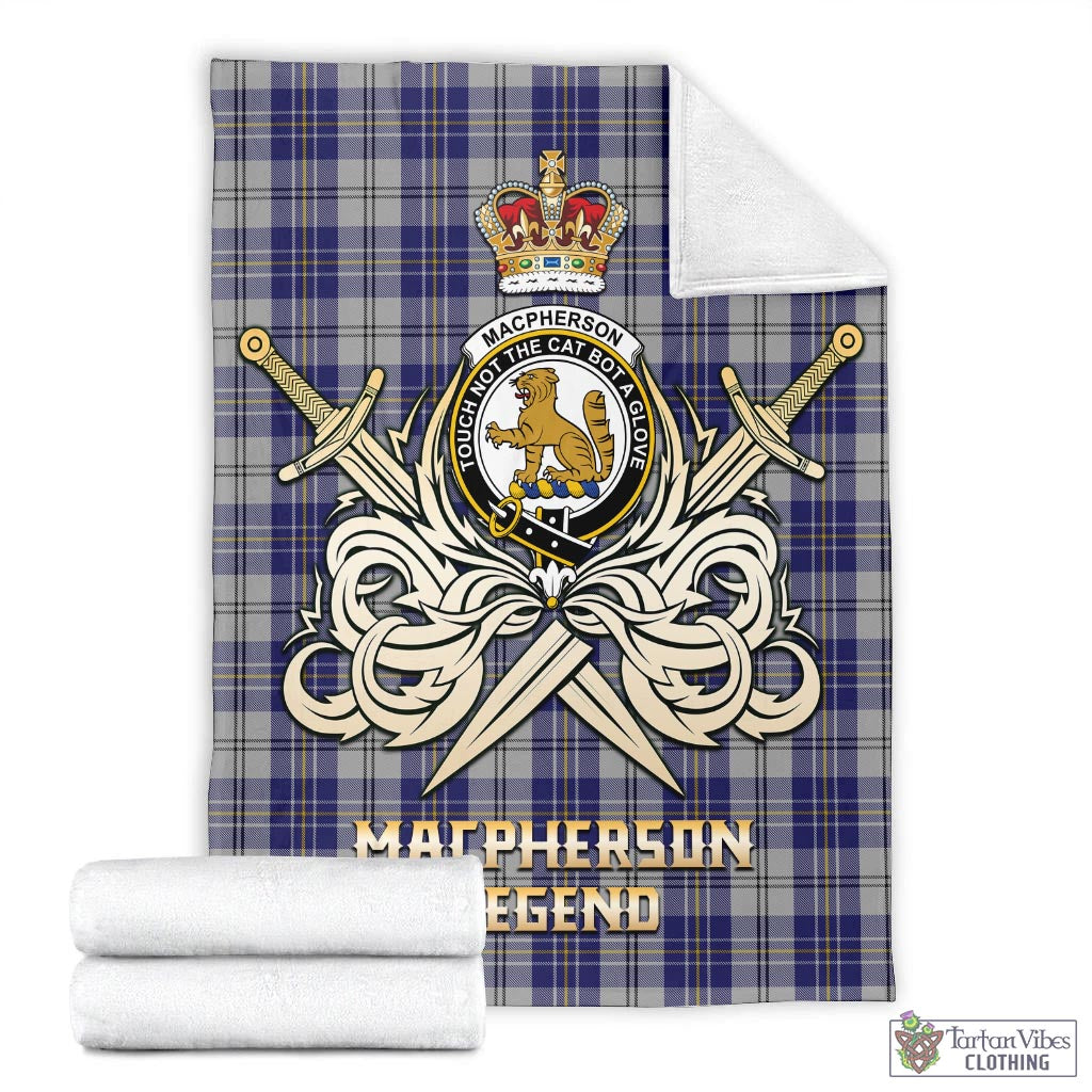 Tartan Vibes Clothing MacPherson Dress Blue Tartan Blanket with Clan Crest and the Golden Sword of Courageous Legacy