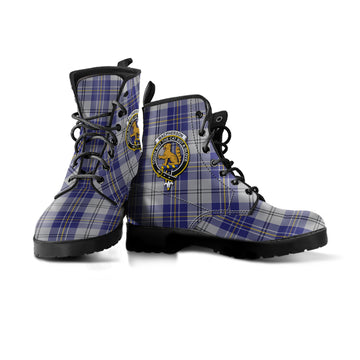 MacPherson Dress Blue Tartan Leather Boots with Family Crest