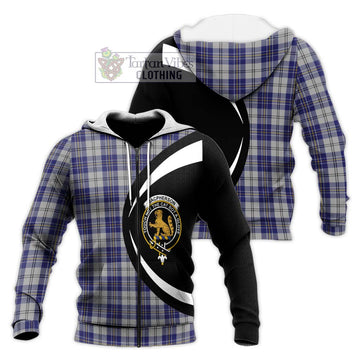 MacPherson Dress Blue Tartan Knitted Hoodie with Family Crest Circle Style