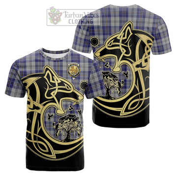 MacPherson Dress Blue Tartan Cotton T-shirt with Family Crest Celtic Wolf Style