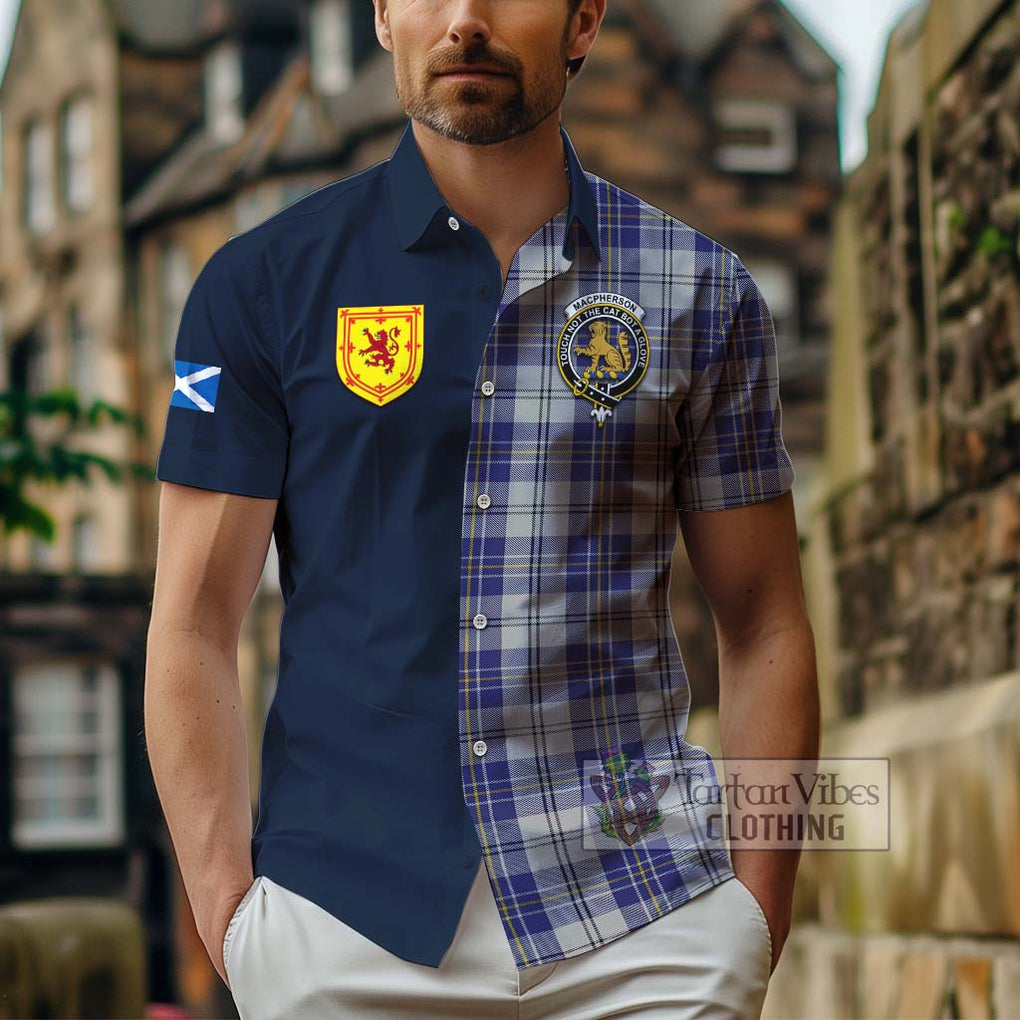 Tartan Vibes Clothing MacPherson Dress Blue Tartan Short Sleeve Button Shirt with Scottish Lion Royal Arm Half Style