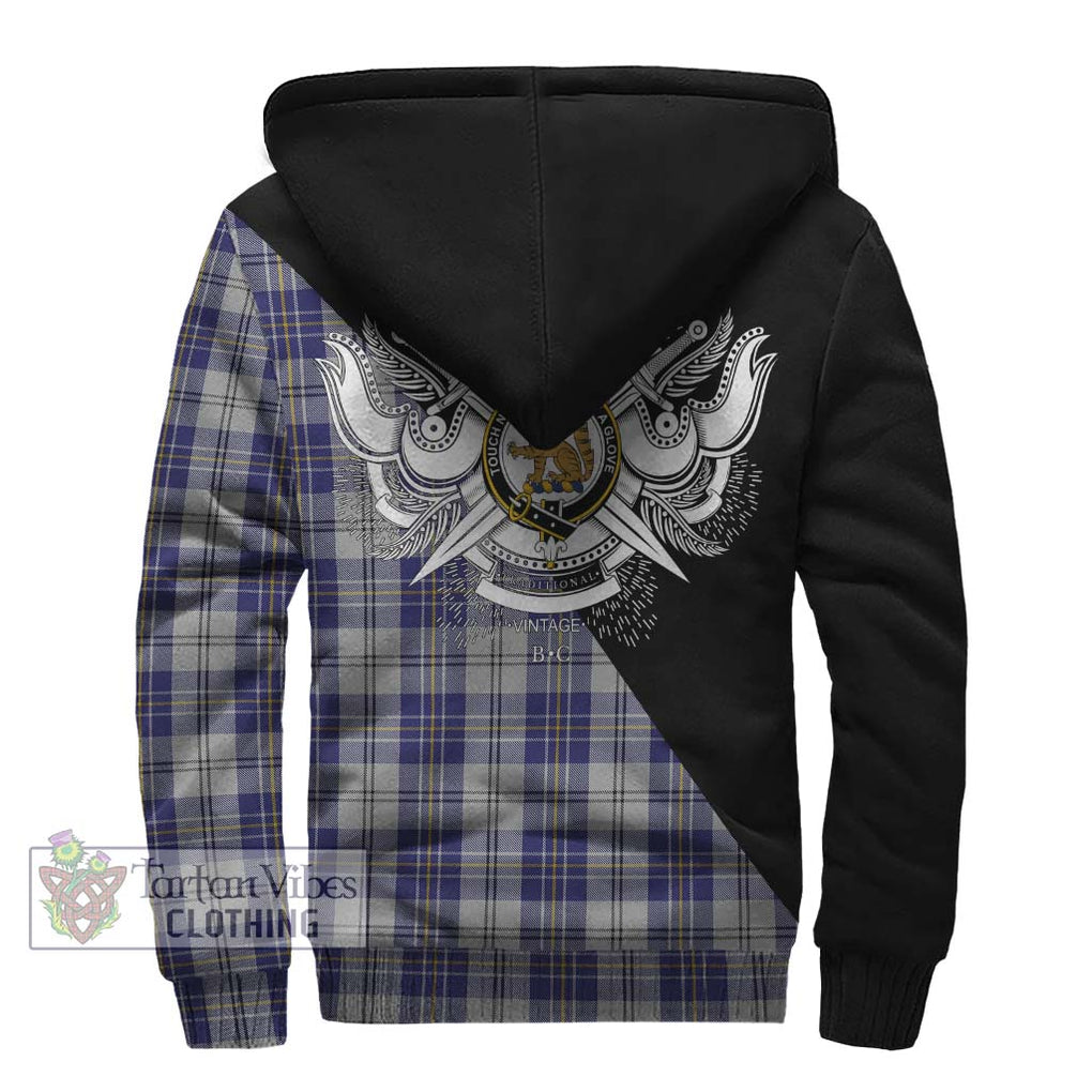 MacPherson Dress Blue Tartan Sherpa Hoodie with Family Crest and Military Logo Style - Tartanvibesclothing Shop