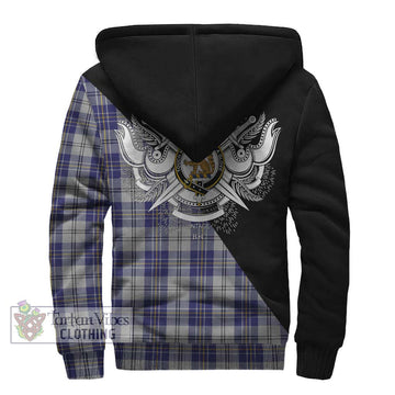 MacPherson Dress Blue Tartan Sherpa Hoodie with Family Crest and Military Logo Style