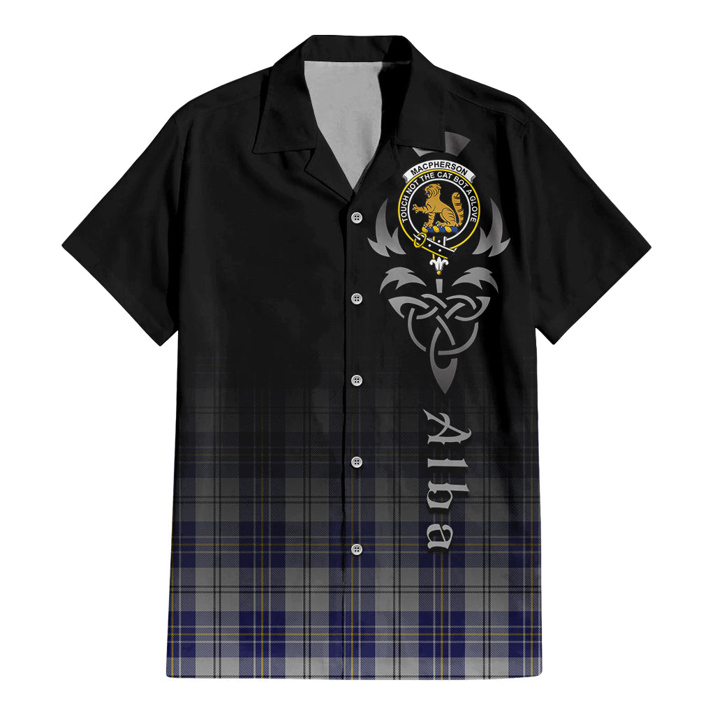 Tartan Vibes Clothing MacPherson Dress Blue Tartan Short Sleeve Button Up Featuring Alba Gu Brath Family Crest Celtic Inspired