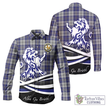 MacPherson Dress Blue Tartan Long Sleeve Button Up Shirt with Alba Gu Brath Regal Lion Emblem
