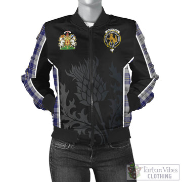 MacPherson Dress Blue Tartan Bomber Jacket with Family Crest and Scottish Thistle Vibes Sport Style