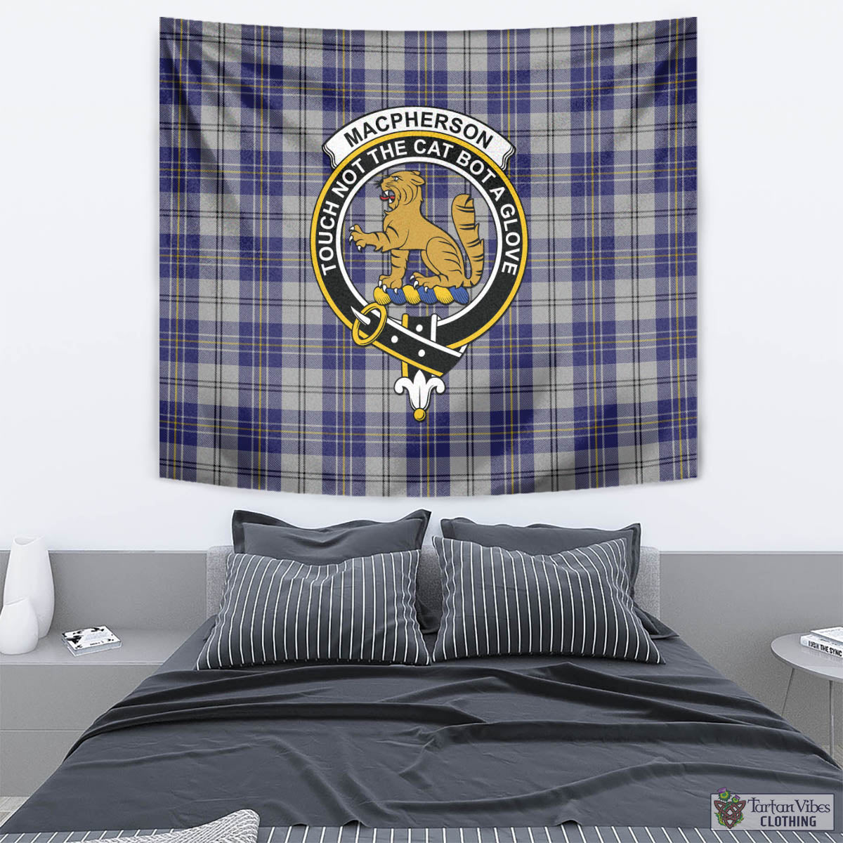 Tartan Vibes Clothing MacPherson Dress Blue Tartan Tapestry Wall Hanging and Home Decor for Room with Family Crest
