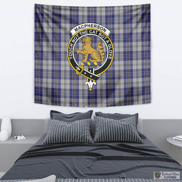 MacPherson Dress Blue Tartan Tapestry Wall Hanging and Home Decor for Room with Family Crest