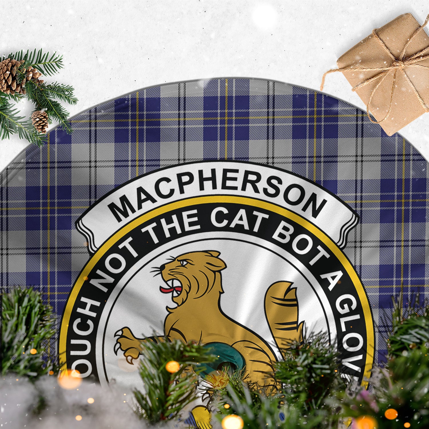 MacPherson Dress Blue Tartan Christmas Tree Skirt with Family Crest - Tartanvibesclothing