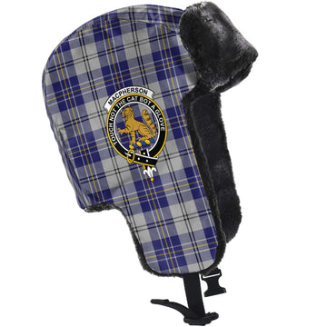 MacPherson Dress Blue Tartan Winter Trapper Hat with Family Crest