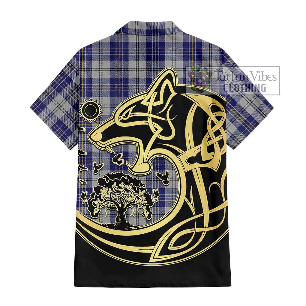 MacPherson Dress Blue Tartan Short Sleeve Button Shirt with Family Crest Celtic Wolf Style - Tartan Vibes Clothing