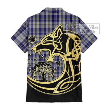 MacPherson Dress Blue Tartan Short Sleeve Button Shirt with Family Crest Celtic Wolf Style