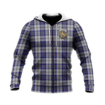 MacPherson Dress Blue Tartan Knitted Hoodie with Family Crest