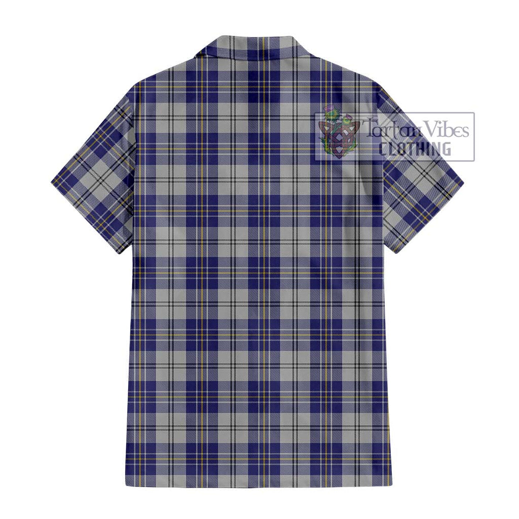 MacPherson Dress Blue Tartan Short Sleeve Button Shirt with Family Crest DNA In Me Style - Tartanvibesclothing Shop