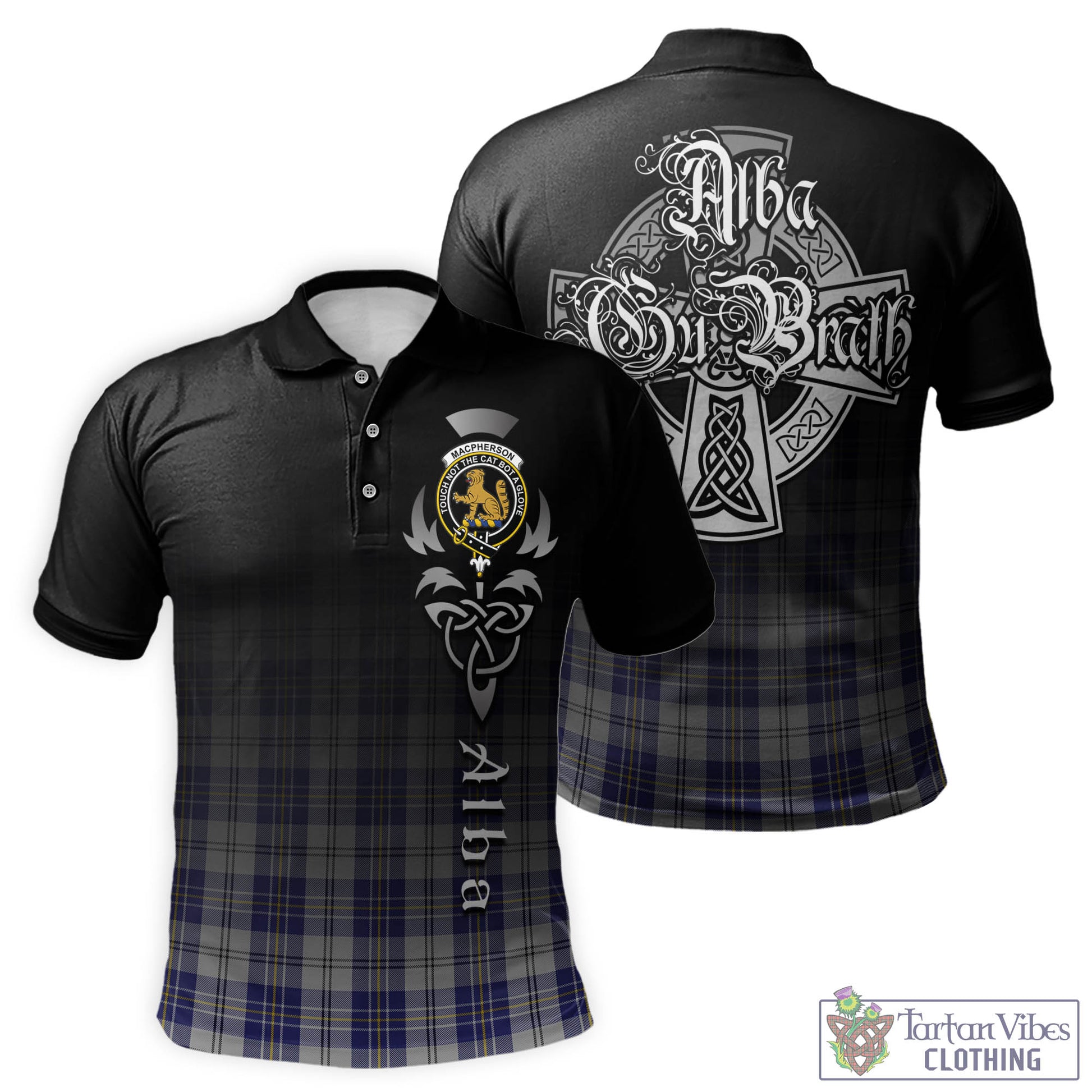 Tartan Vibes Clothing MacPherson Dress Blue Tartan Polo Shirt Featuring Alba Gu Brath Family Crest Celtic Inspired