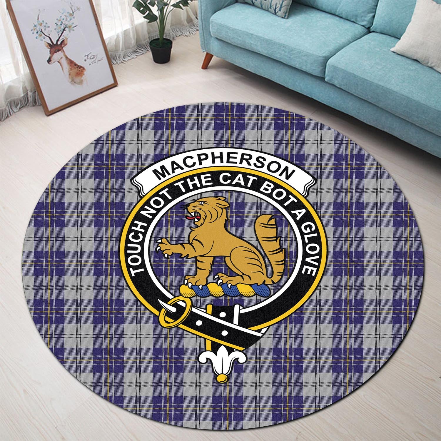 macpherson-dress-blue-tartan-round-rug-with-family-crest
