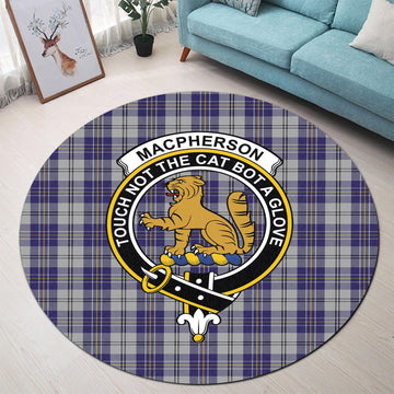 MacPherson Dress Blue Tartan Round Rug with Family Crest