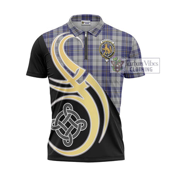 MacPherson Dress Blue Tartan Zipper Polo Shirt with Family Crest and Celtic Symbol Style