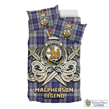 MacPherson Dress Blue Tartan Bedding Set with Clan Crest and the Golden Sword of Courageous Legacy