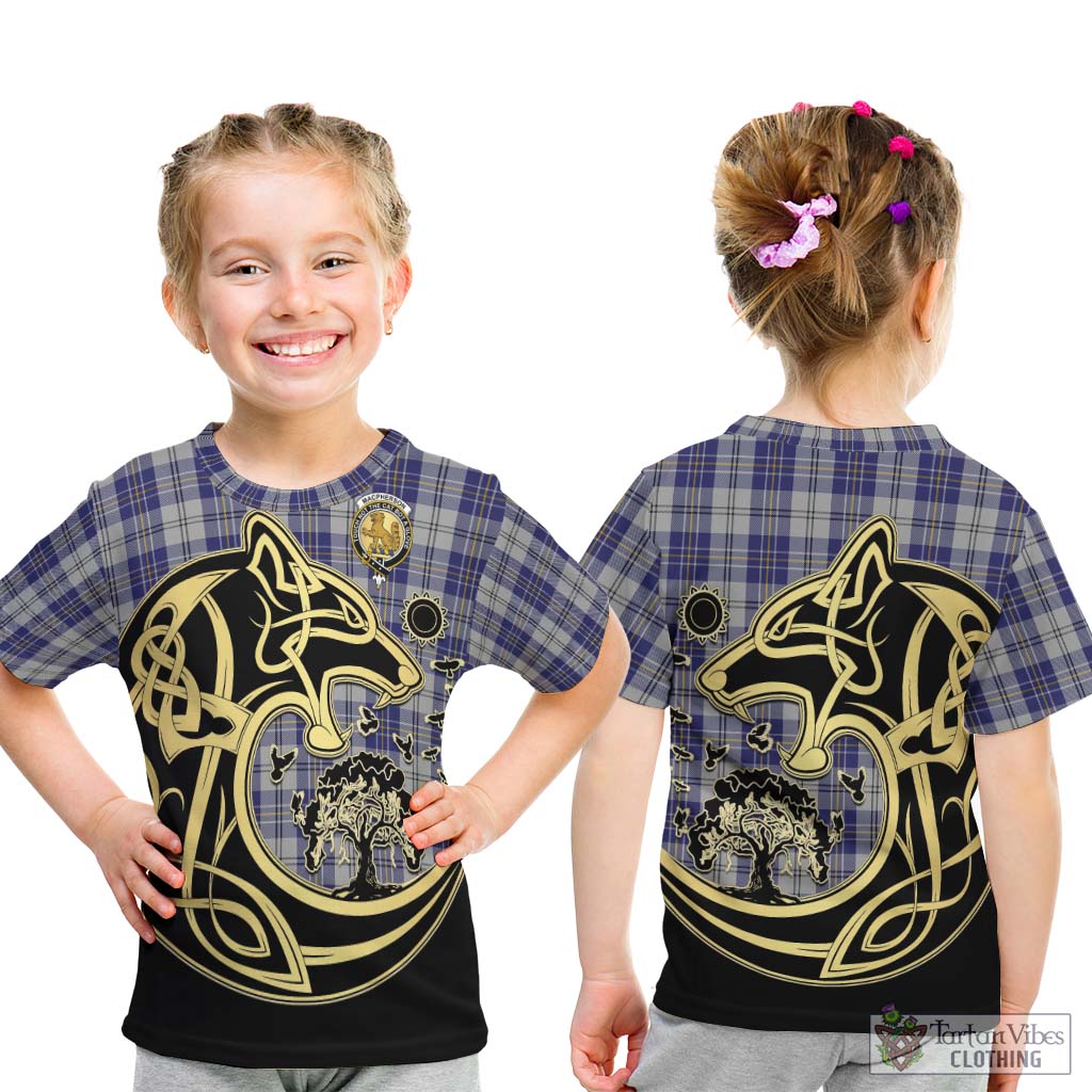 Tartan Vibes Clothing MacPherson Dress Blue Tartan Kid T-Shirt with Family Crest Celtic Wolf Style