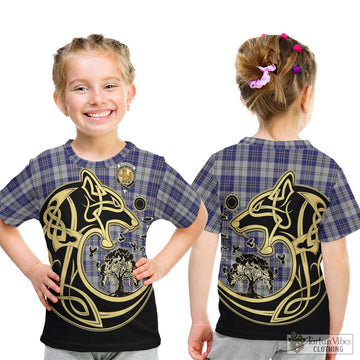 MacPherson Dress Blue Tartan Kid T-Shirt with Family Crest Celtic Wolf Style