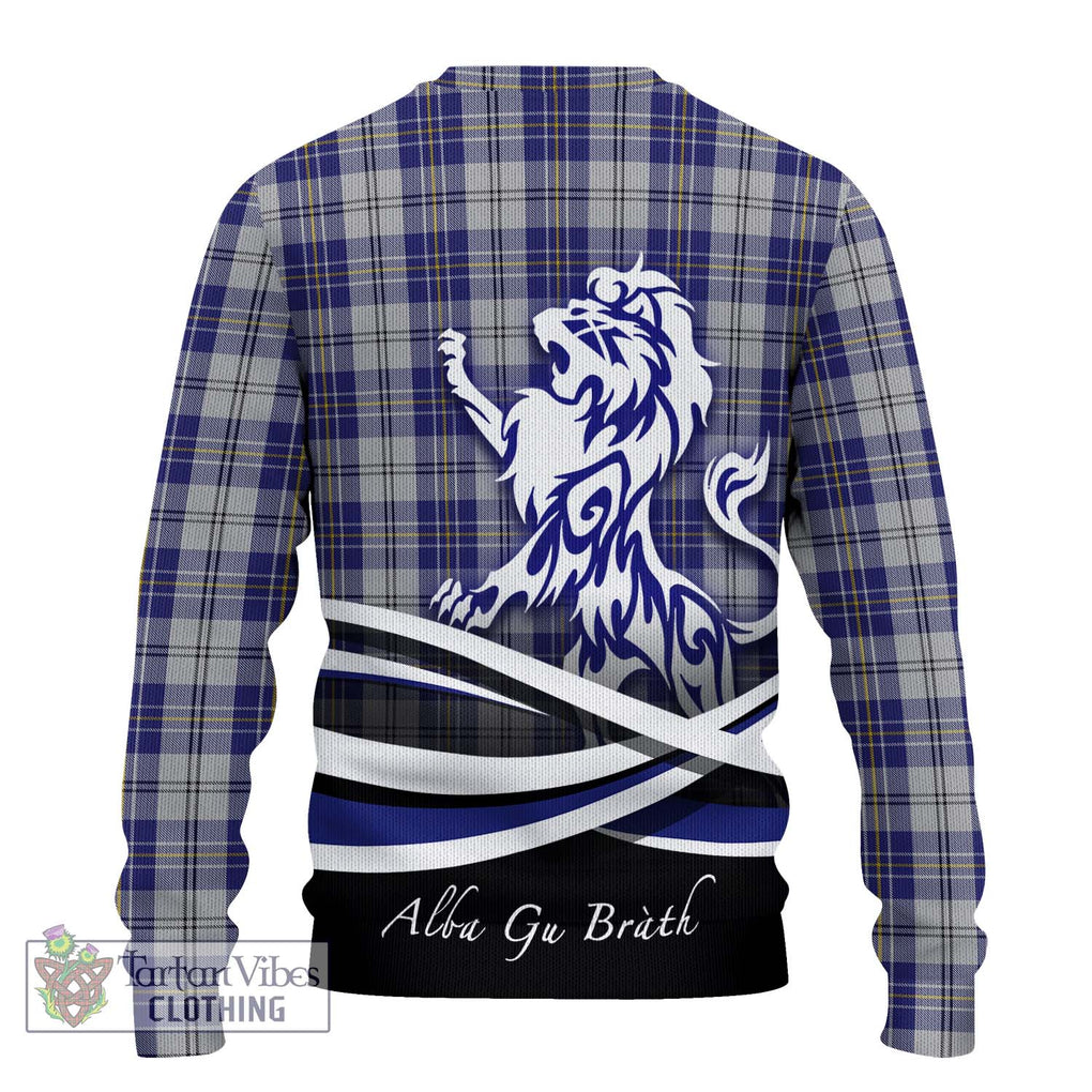 MacPherson Dress Blue Tartan Knitted Sweater with Alba Gu Brath Regal Lion Emblem - Tartanvibesclothing Shop