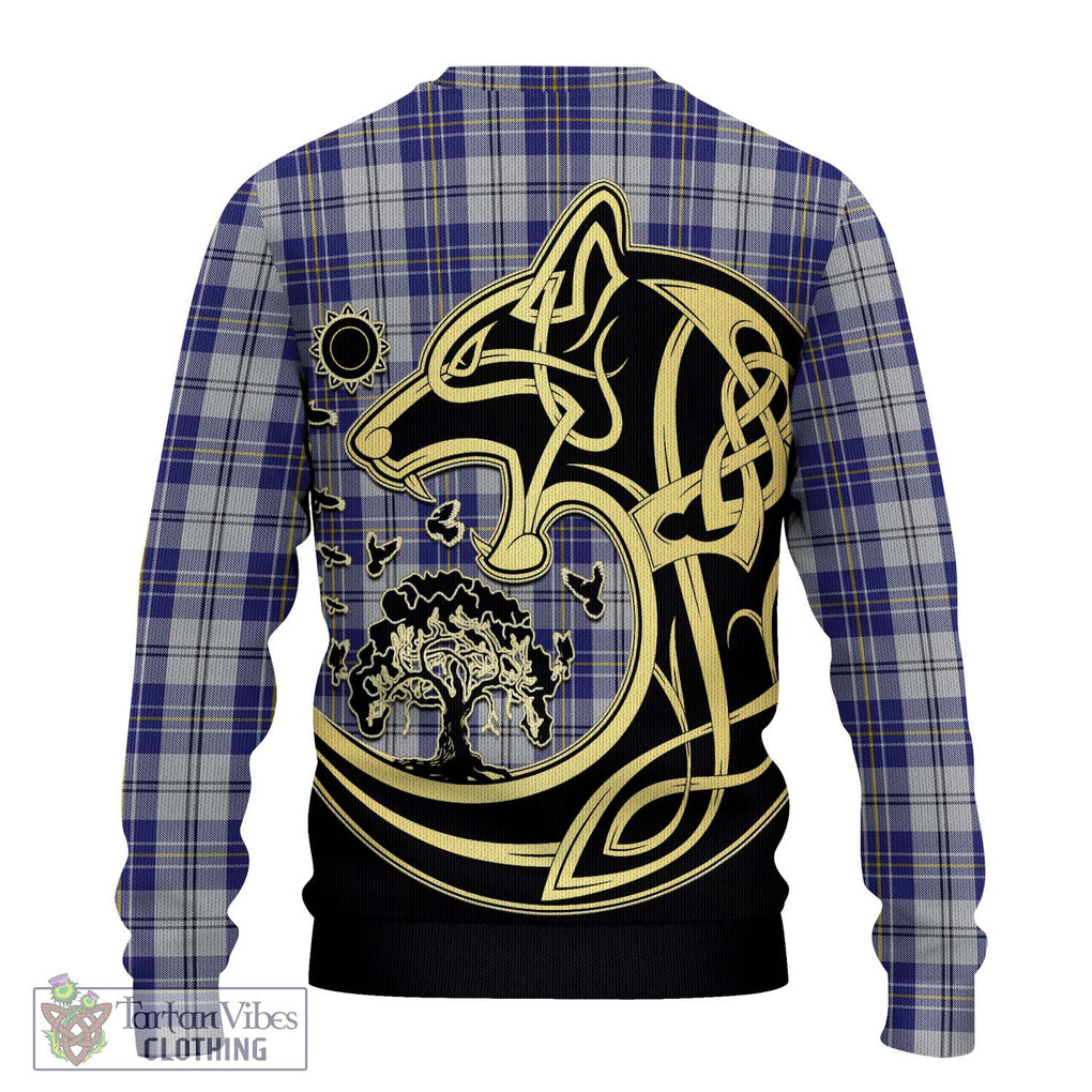 MacPherson Dress Blue Tartan Knitted Sweater with Family Crest Celtic Wolf Style - Tartan Vibes Clothing