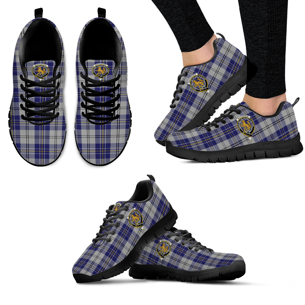 MacPherson Dress Blue Tartan Sneakers with Family Crest - Tartan Vibes Clothing