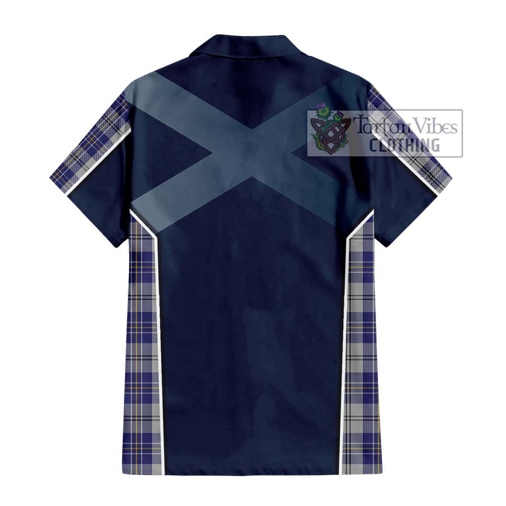 MacPherson Dress Blue Tartan Short Sleeve Button Shirt with Family Crest and Lion Rampant Vibes Sport Style - Tartan Vibes Clothing