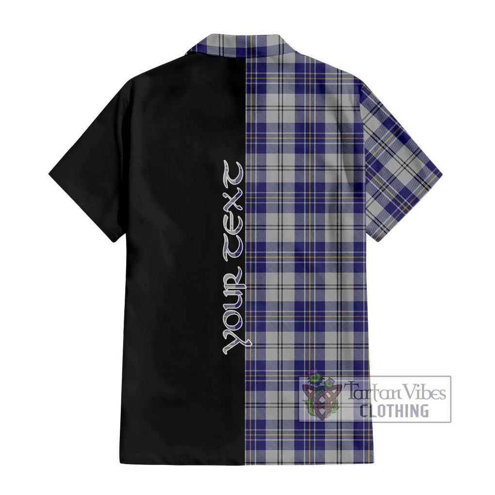 MacPherson Dress Blue Tartan Short Sleeve Button Shirt with Family Crest and Half Of Me Style - Tartanvibesclothing Shop