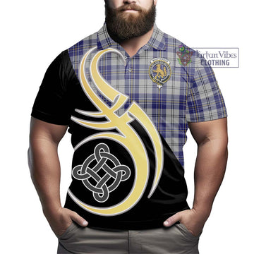 MacPherson Dress Blue Tartan Polo Shirt with Family Crest and Celtic Symbol Style