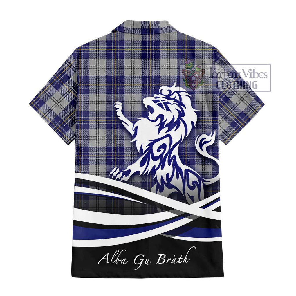 MacPherson Dress Blue Tartan Short Sleeve Button Shirt with Alba Gu Brath Regal Lion Emblem - Tartanvibesclothing Shop