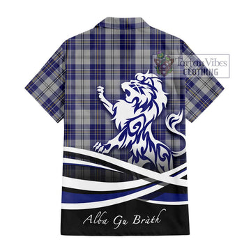 MacPherson Dress Blue Tartan Short Sleeve Button Shirt with Alba Gu Brath Regal Lion Emblem