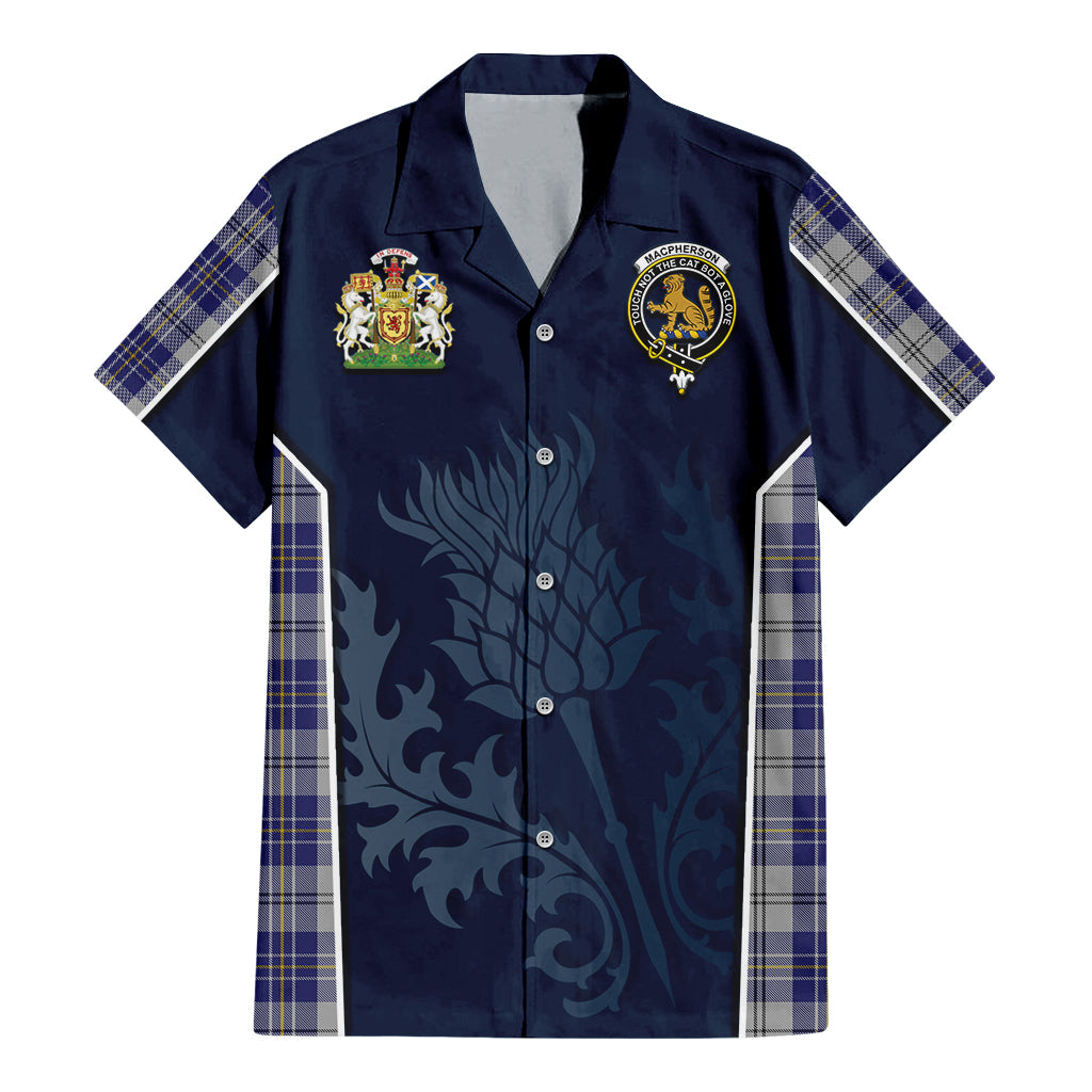Tartan Vibes Clothing MacPherson Dress Blue Tartan Short Sleeve Button Up Shirt with Family Crest and Scottish Thistle Vibes Sport Style