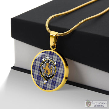 MacPherson Dress Blue Tartan Circle Necklace with Family Crest