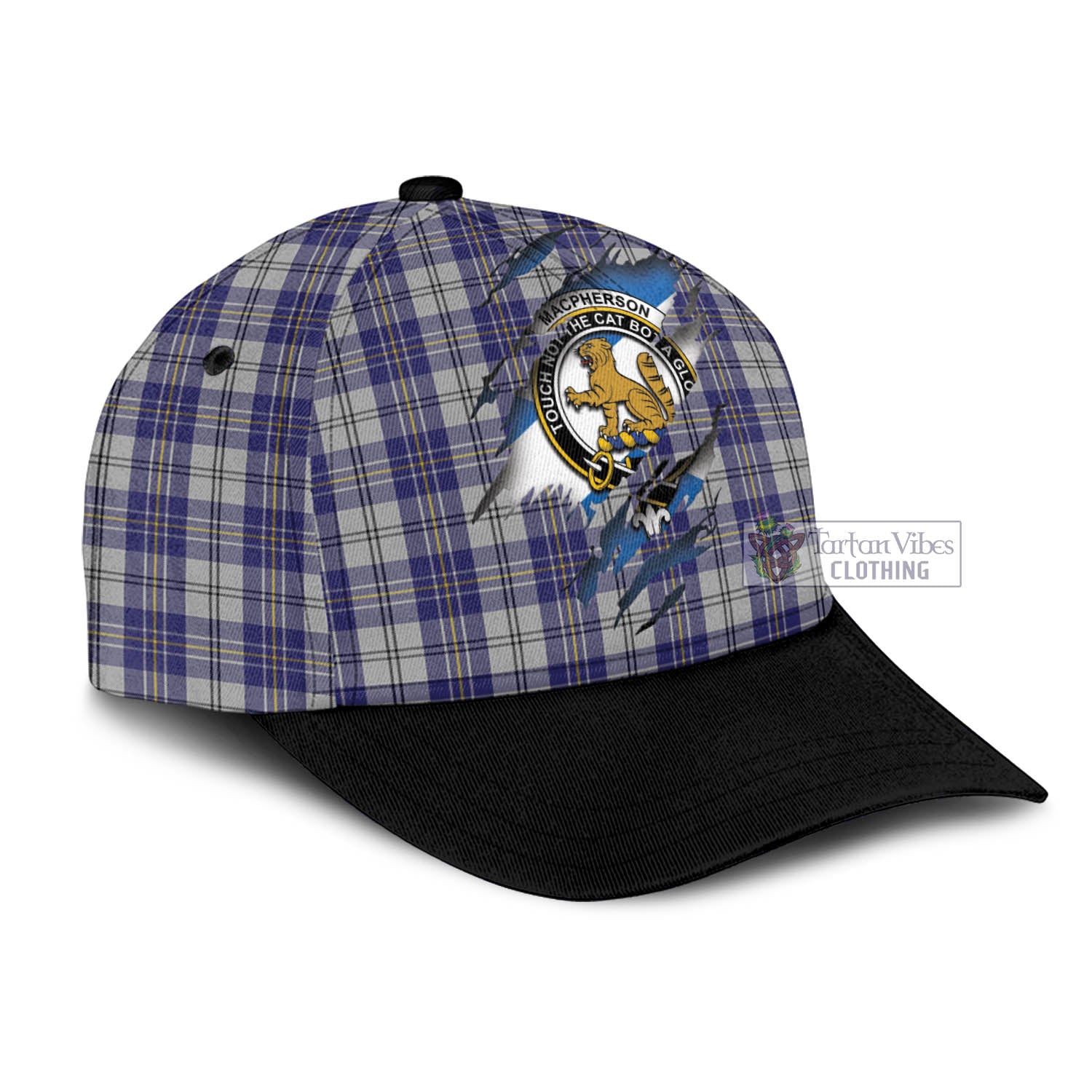 Tartan Vibes Clothing MacPherson Dress Blue Tartan Classic Cap with Family Crest In Me Style