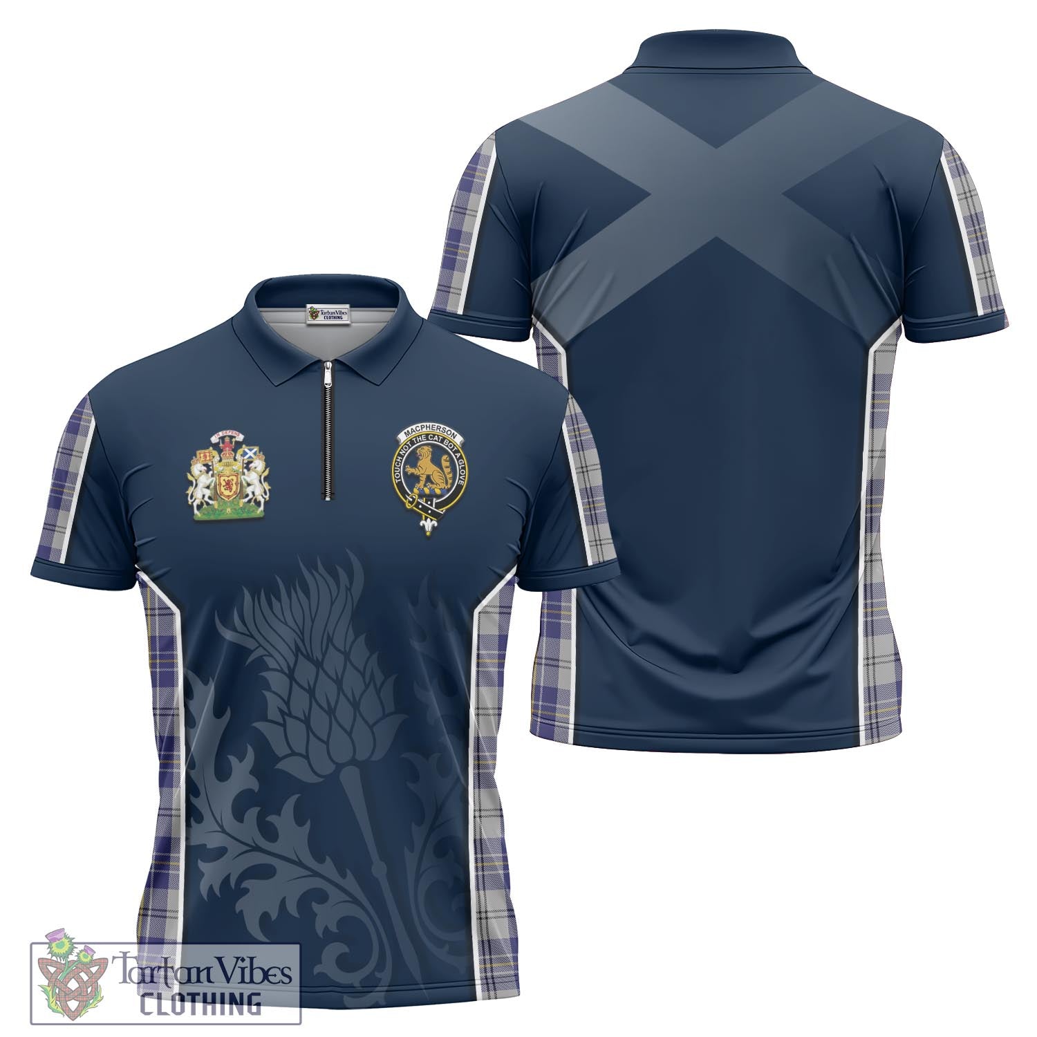 Tartan Vibes Clothing MacPherson Dress Blue Tartan Zipper Polo Shirt with Family Crest and Scottish Thistle Vibes Sport Style