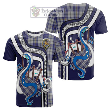 MacPherson Dress Blue Tartan Cotton T-shirt with Epic Bagpipe Style