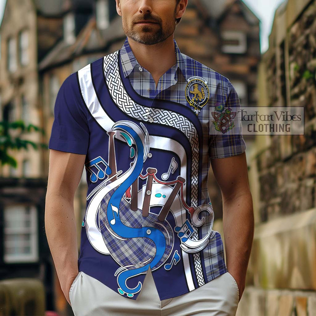 MacPherson Dress Blue Tartan Short Sleeve Button Shirt with Epic Bagpipe Style - Tartanvibesclothing Shop